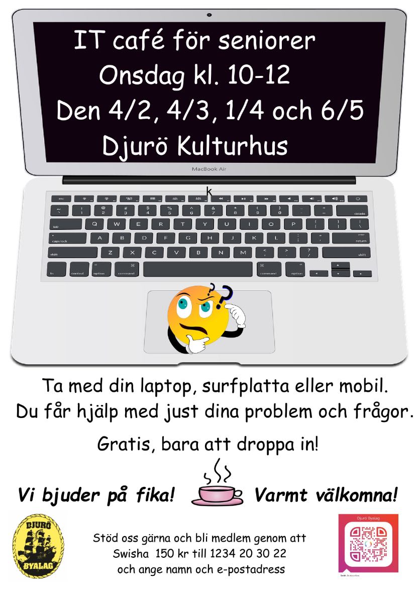 IT café för seniorer Onsdag kl. 10-12 den 4/2, 4/3, 1/4 och 6/5 Djurö Kulturhus
